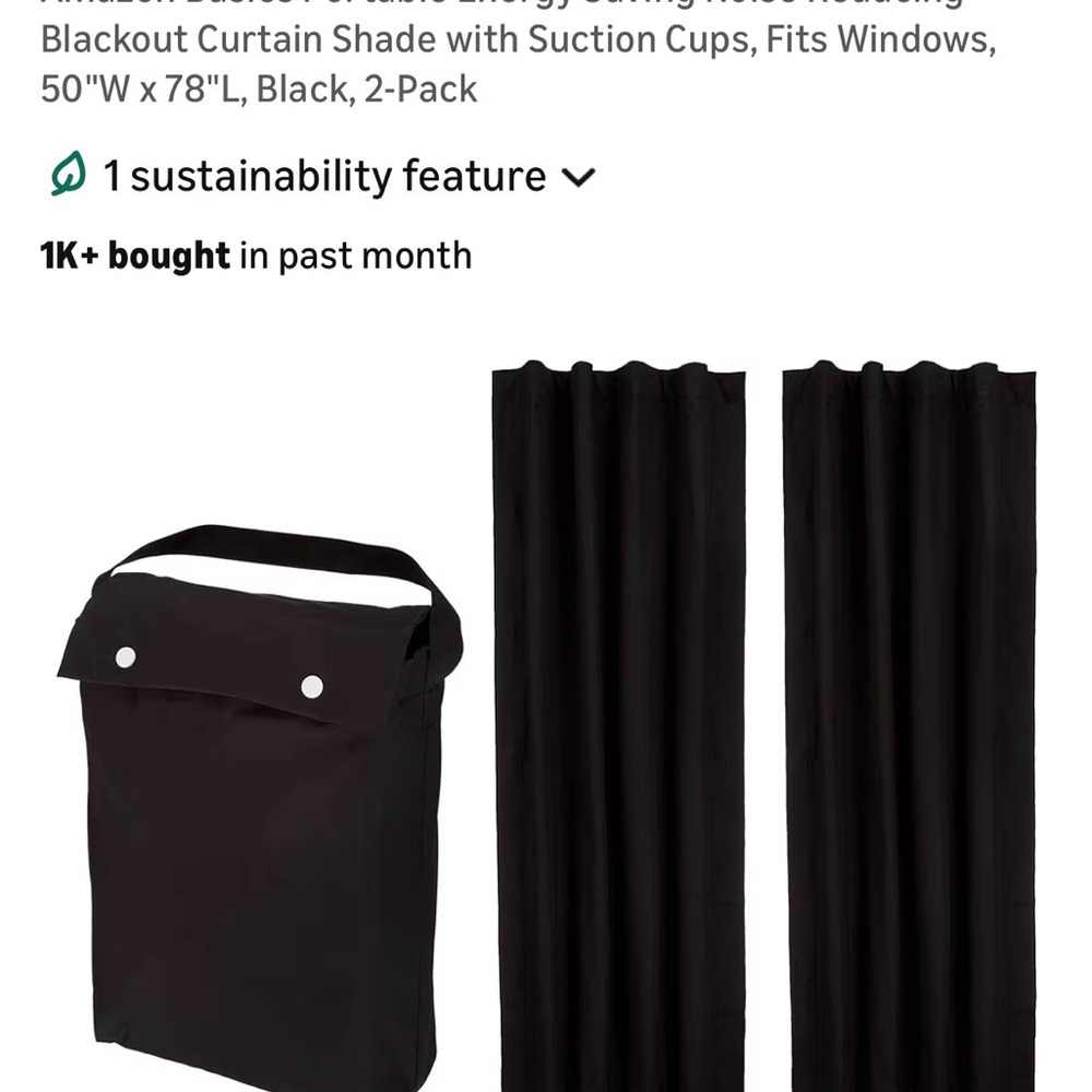 Amazon Black Blackout Curtain Shade with Suction Cups, 2-Pack